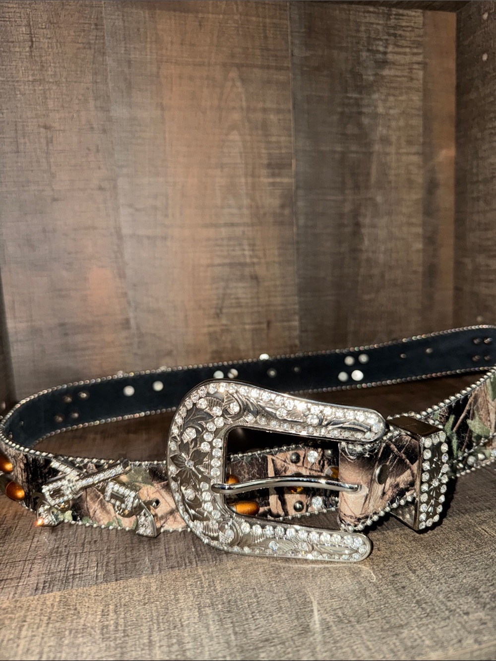 Embellished BLING  Buckle Camouflage Leather Belt - Black/Camo-size XL